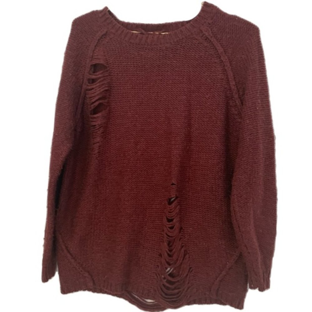 Sparkle & Fade Burgundy Distressed Oversized Knit Sweater